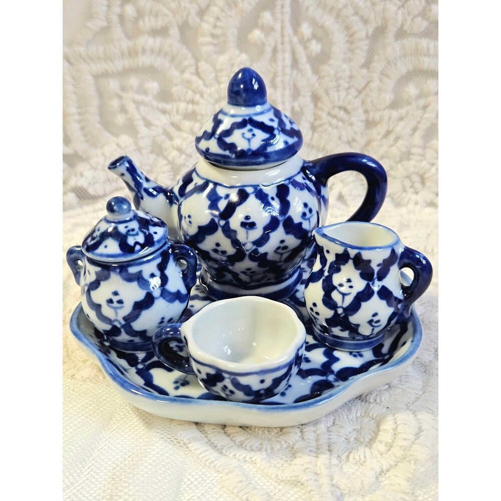 Mini Tea Set Blue White Porcelain Teapot Set Tray Cup Creamer Sugar Bowl